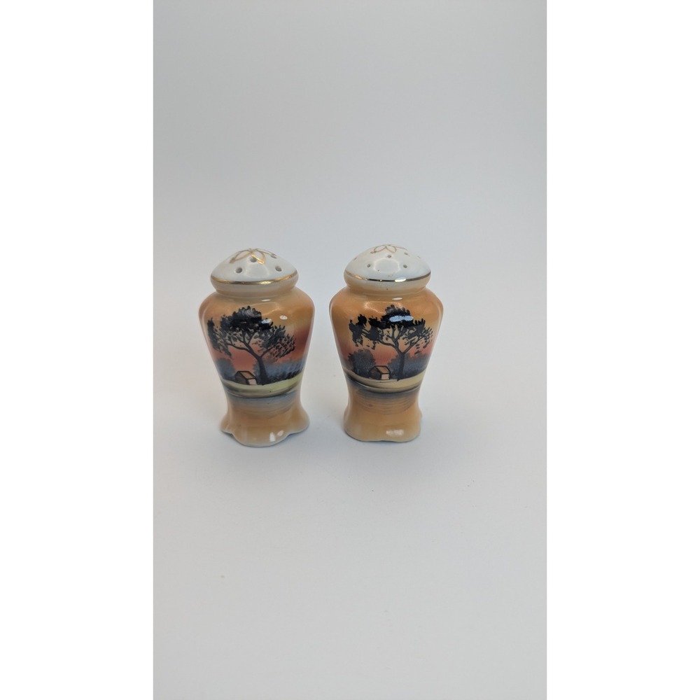 Vintage Japan Porcelain Salt and Pepper Shakers Hand Painted Sunset Landscape 3"